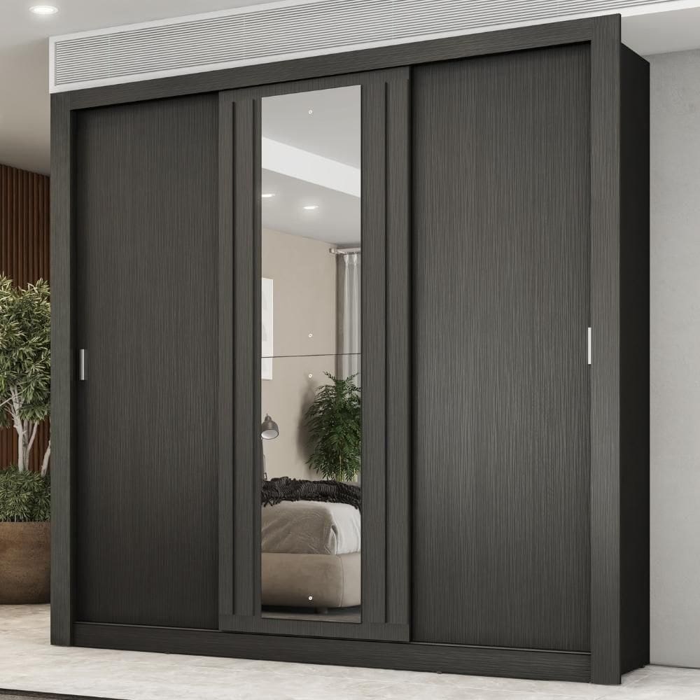 Guarda Roupa Casal 3 Portas Doha Com Espelho Central Carraro Preto Touch