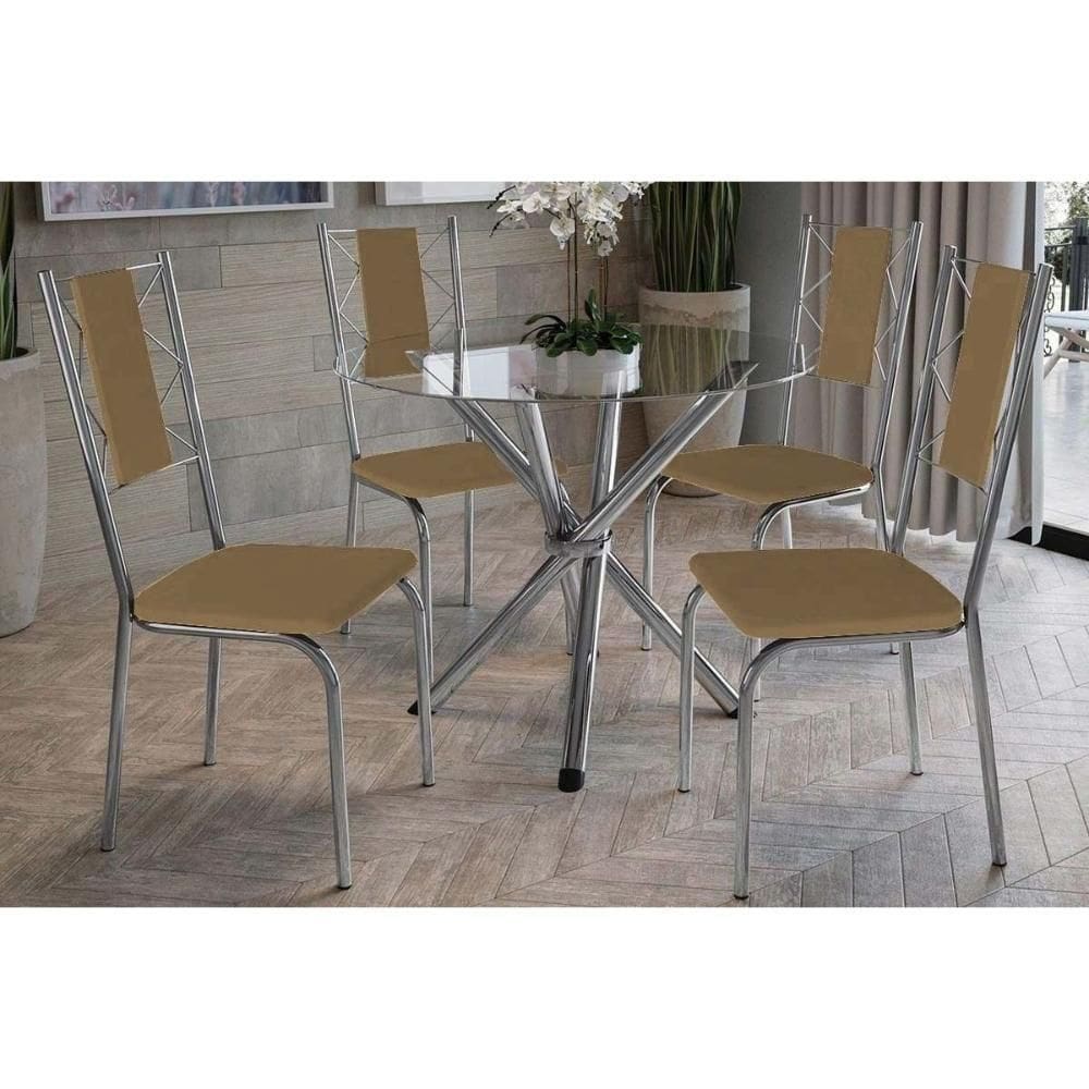 Conjunto: Mesa Sala Jantar Volga C- Tampo De Vidro 95cm E 4 Cadeiras Lisboa Cromada - Courano Capuccino - Kappesberg