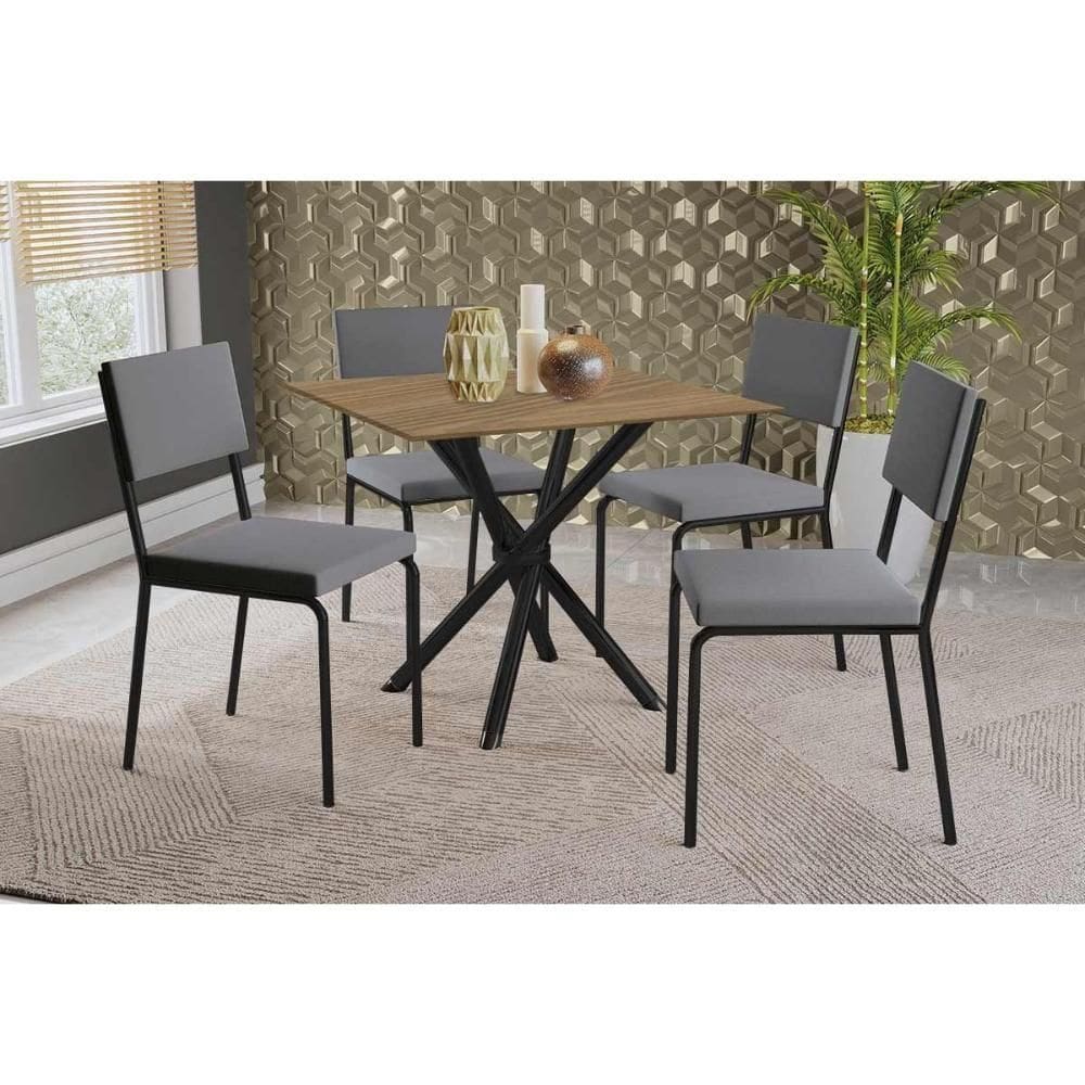 Conjunto: Mesa Sala Jantar Volga C- Tampo De Madeira 90cm E 4 Cadeiras Zaria Preto-nogueira - Suede Cinza - Kappesberg