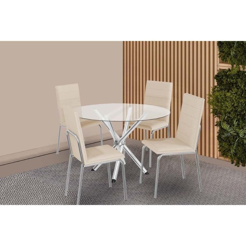 Conjunto: Mesa Sala Jantar Volga C- Tampo De Vidro 95cm E 4 Cadeiras Amsterdã Cromada - Courano Bege - Kappesberg