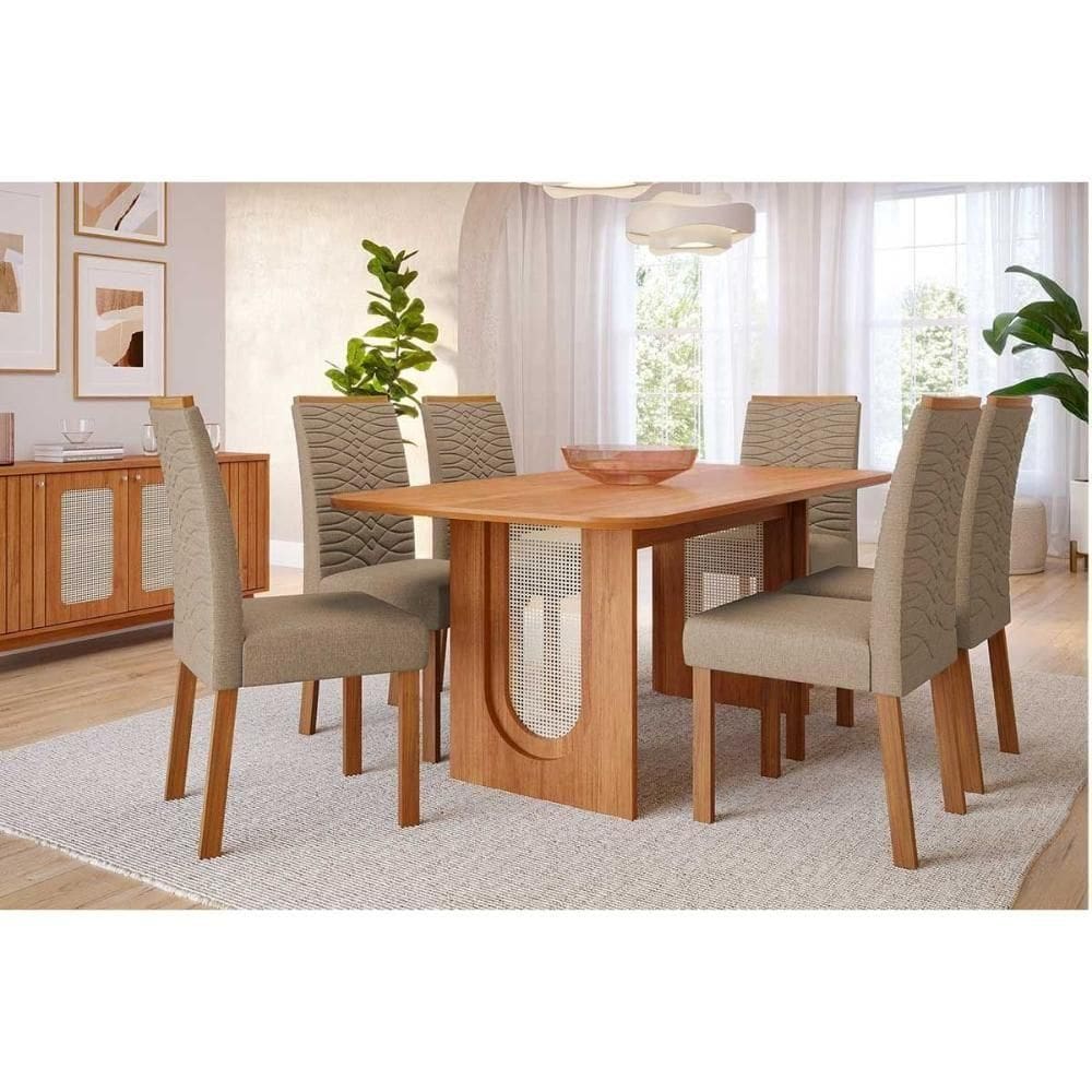 Conjunto: Mesa De Cozinha Valentina Tampo Madeirado 180x90cm E 6 Cadeiras Clarice Cinamomo - Carvalho-linho Bege - Cimol