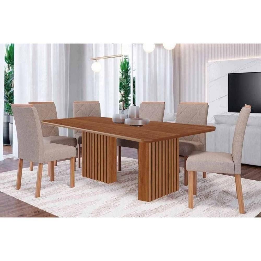Conjunto: Mesa De Cozinha Ester Tampo Madeirado 180x90cm E 6 Cadeiras Fernanda Cinamomo - Carvalho-linho Bege - Cimol