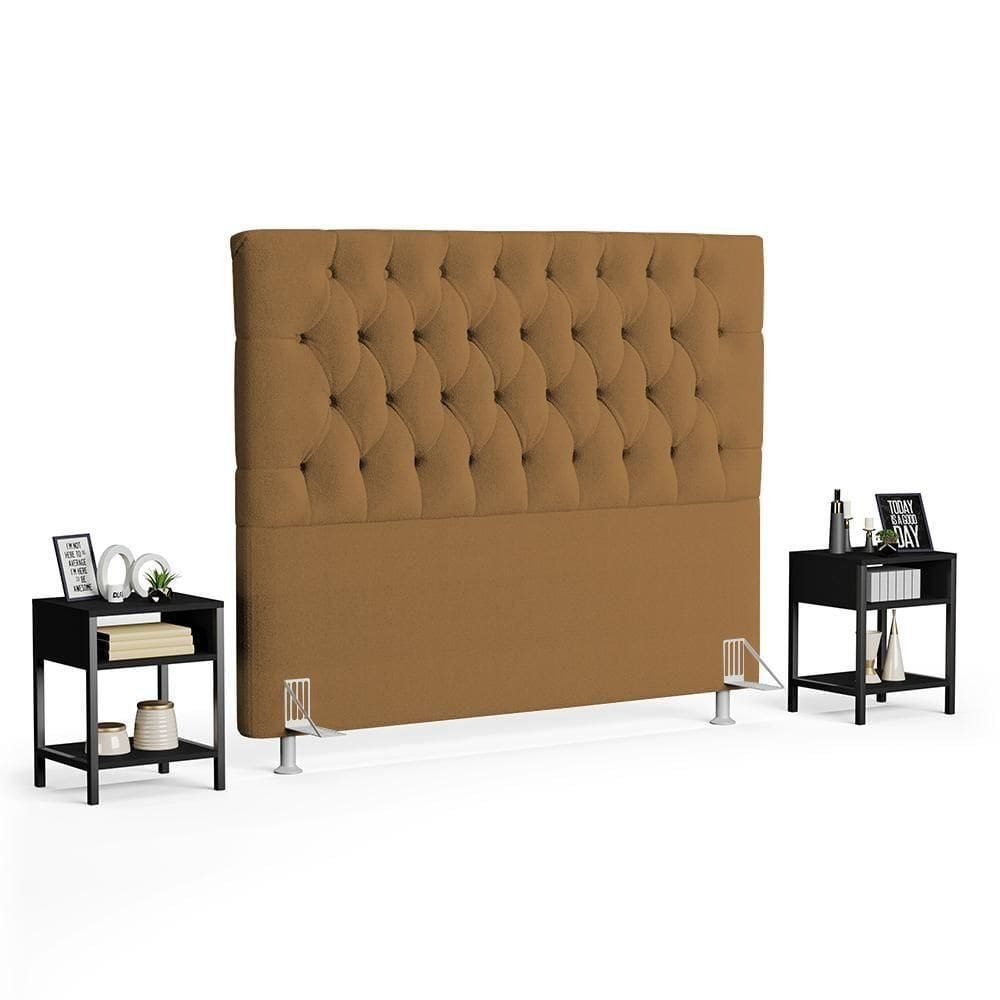 Cabeceira Casal 140cm Cristal Boucle Mostarda E 2 Mesas Laterais Plaza Lc1 Preto - Mpozenato
