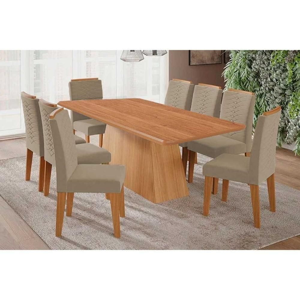 Sala De Jantar Completa Helena Tampo Madeirado 210x100cm E 8 Cadeiras Clarice Cinamomo - Carvalho/linho Bege - Cimol