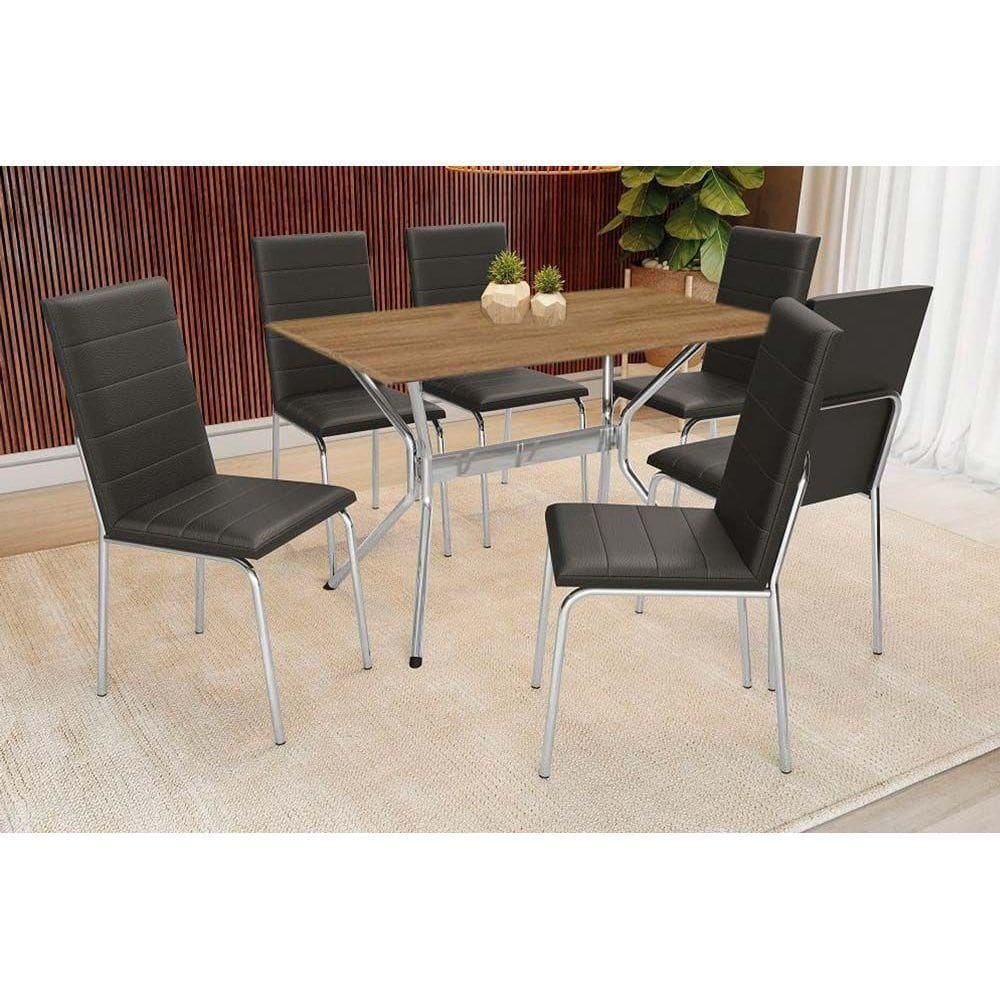 Conjunto Mesa De Cozinha Loire Com Tampo De Madeira 160cm E 6 Cadeiras Amsterdã Cromada Preto Kappesberg