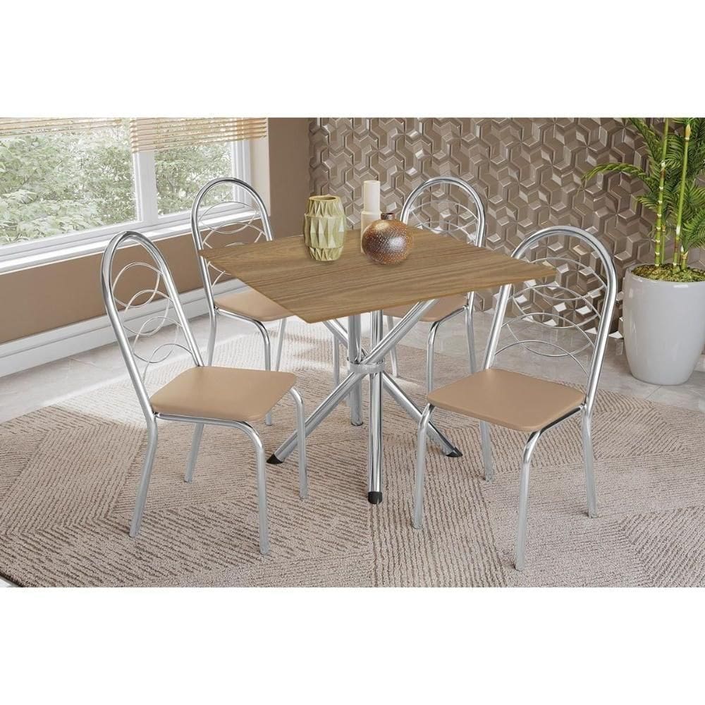 Sala De Jantar Completa Volga C/ Tampo De Madeira 90cm E 4 Cadeiras Holanda Cromado/nogueira - Bege - Kappesberg
