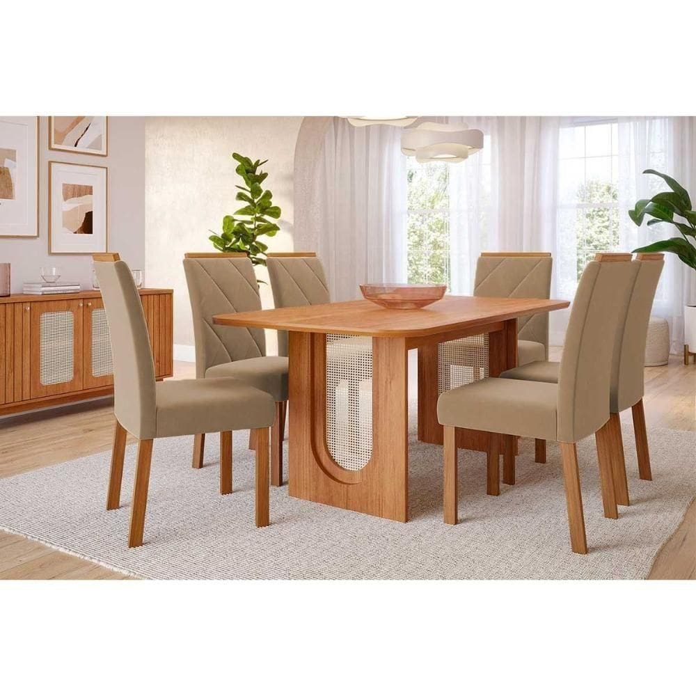 Sala De Jantar Completa Valentina Tampo Madeirado 180x90cm E 6 Cadeiras Fernanda Cinamomo - Carvalho/linho Bege - Cimol