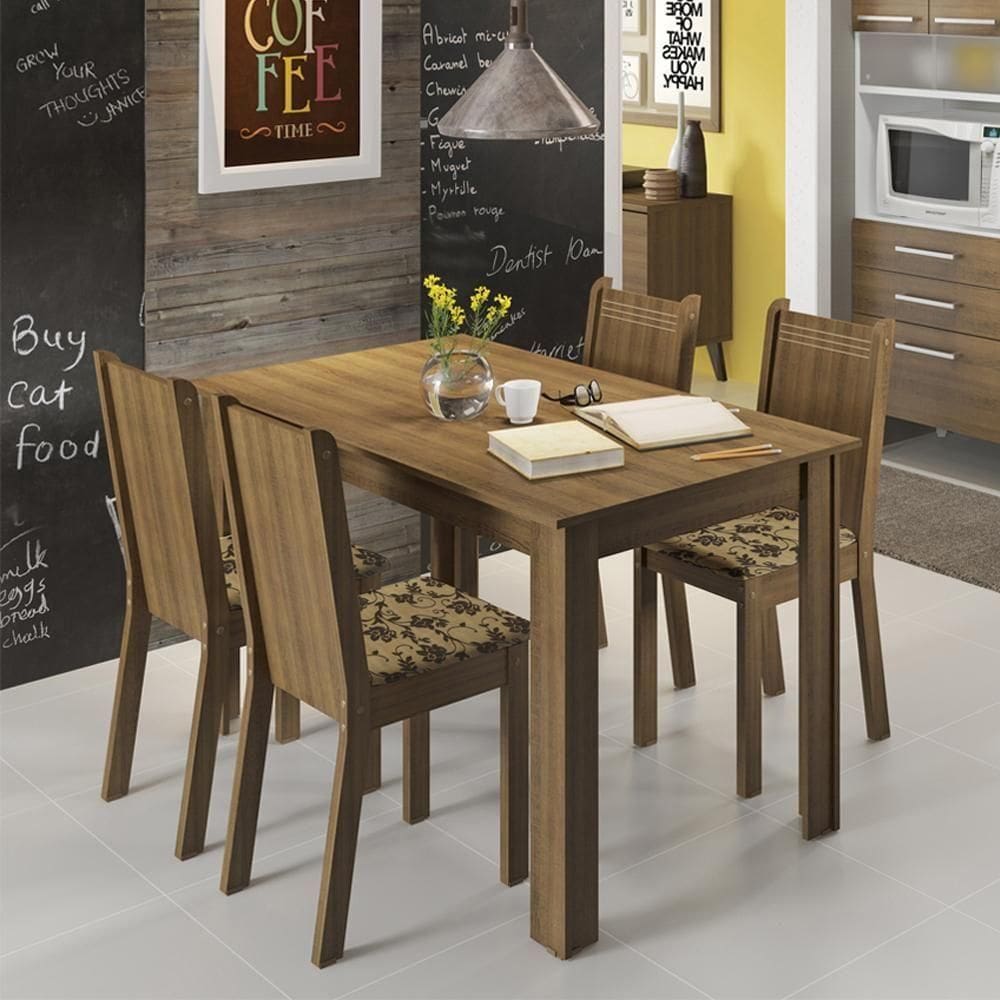 Sala Jantar Rosie Rustic/FloralBege Mesa 4 Cadeiras Madesa