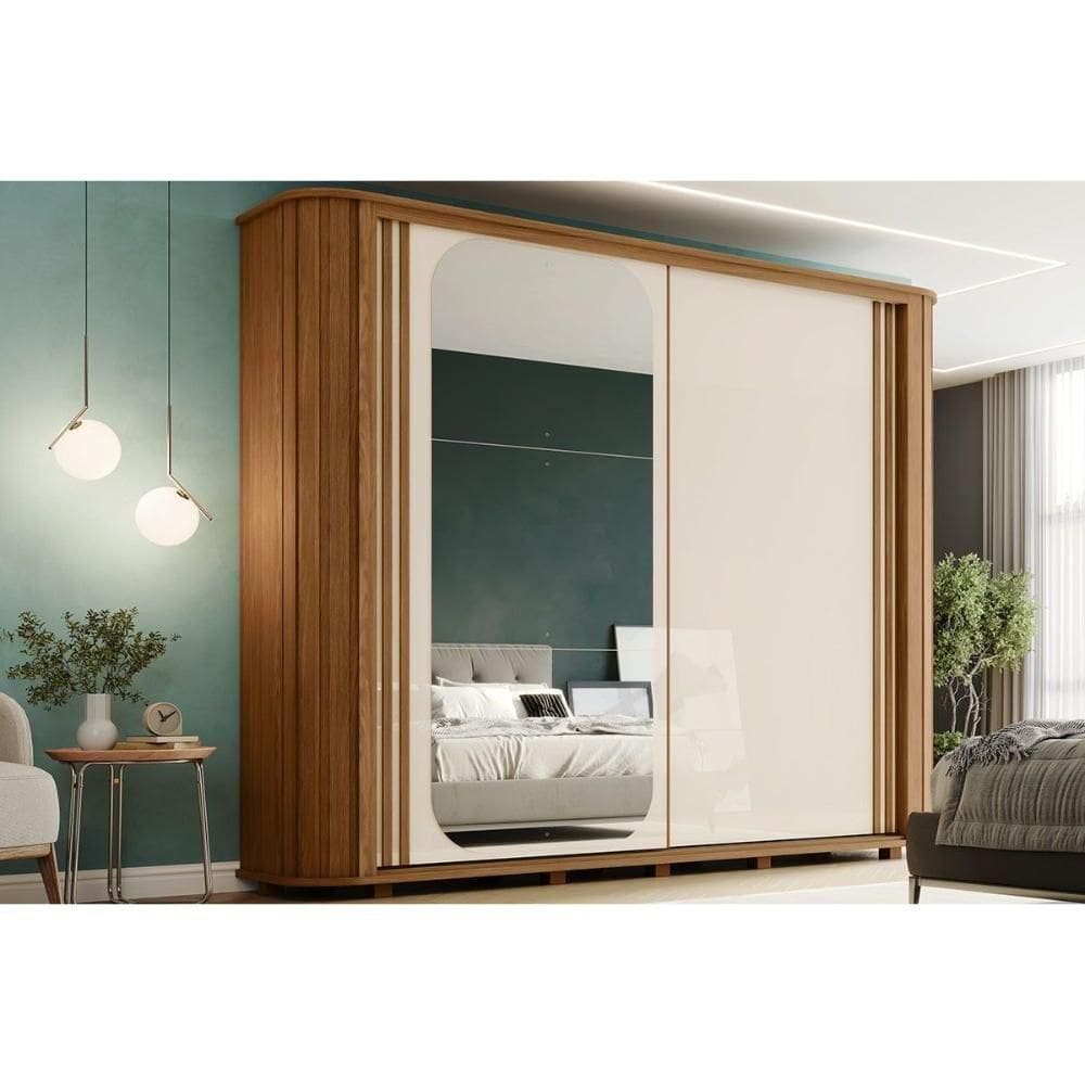 Guarda Roupas 2 Portas De Correr (1 C/ Espelho) 2 6 Gavetas C/ Pés Mozzate Nature/off White Ou Preto - Henn