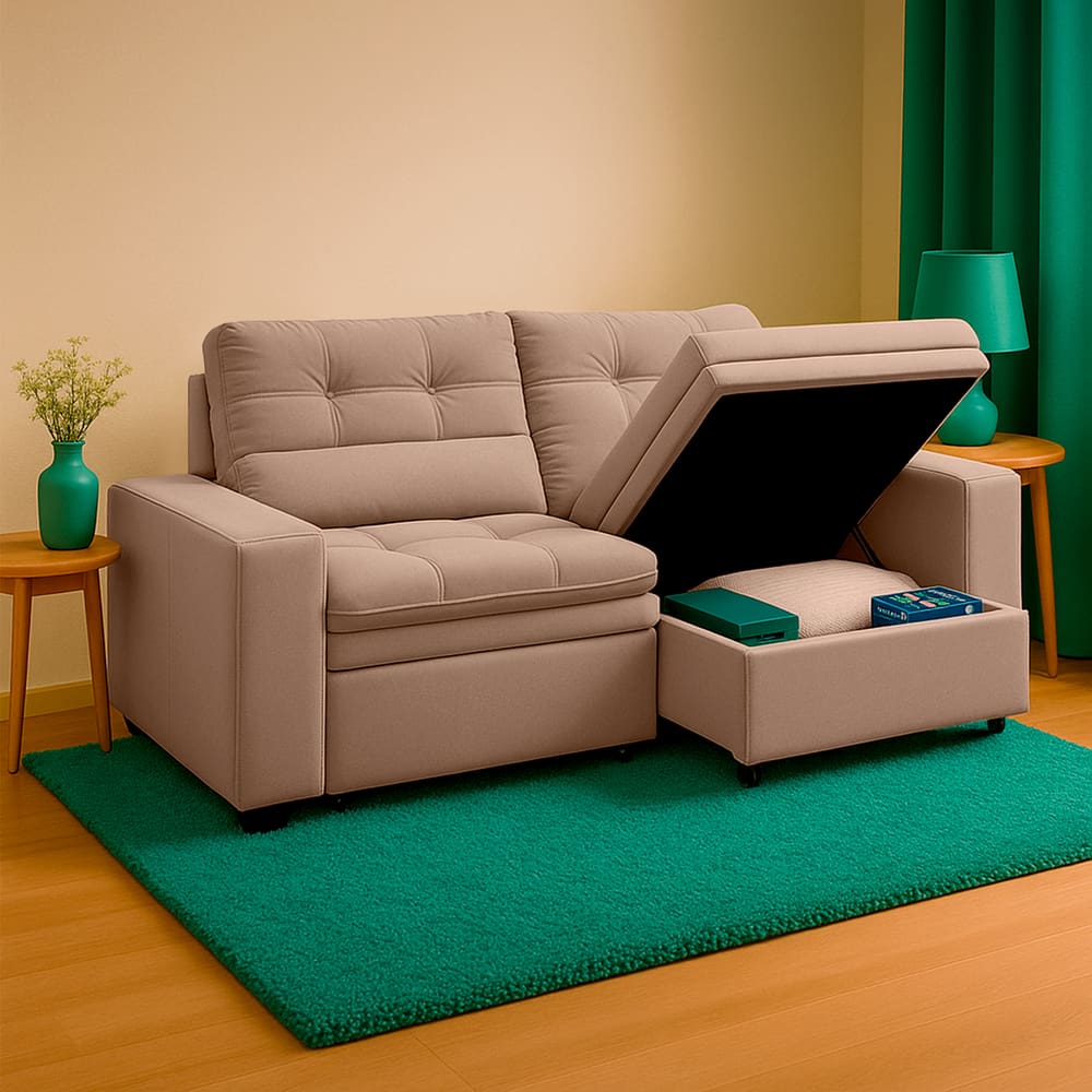 Sofá Filipinas SMP Retrátil Com Baú Veludo 2,08m Bege