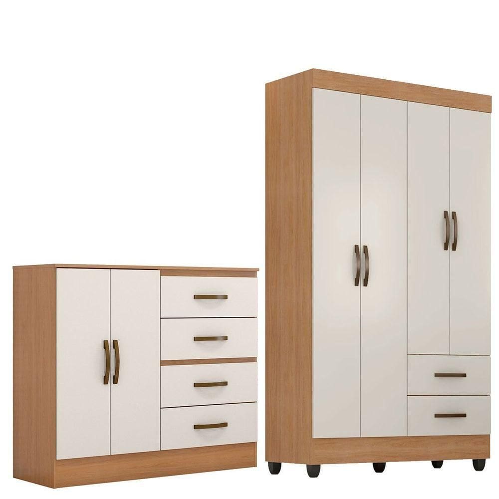 Kit Guarda-roupa Solteiro 4 Portas E Cômoda Sapateira 2 Portas Lisa Nature/off White