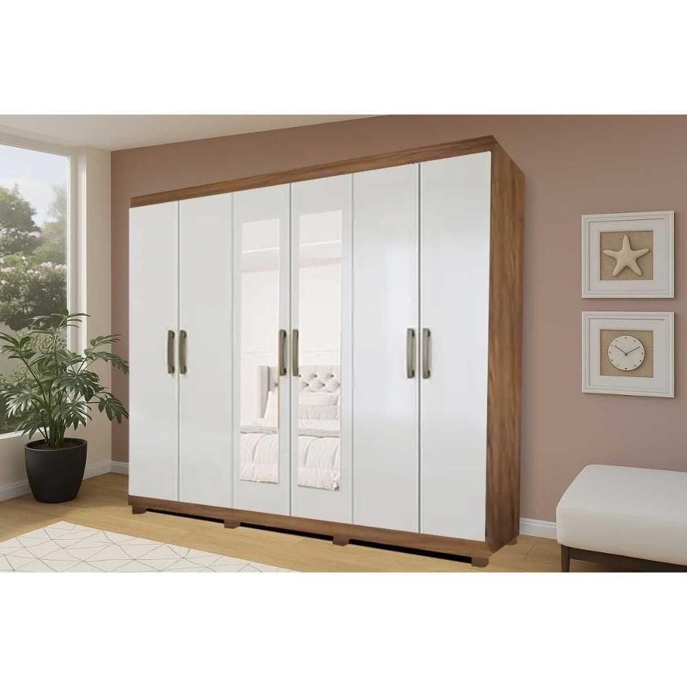 Guarda Roupa 6 Portas (2 C- Espelho) E 3 Gavetas Clara Cinamomo-off White - Panan