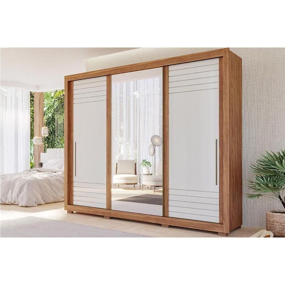 Guarda Roupas 3 Portas De Correr De (1 C- Espelho) E 6 Gavetas C- Pés Vitória Cinamomo-off White - Panan