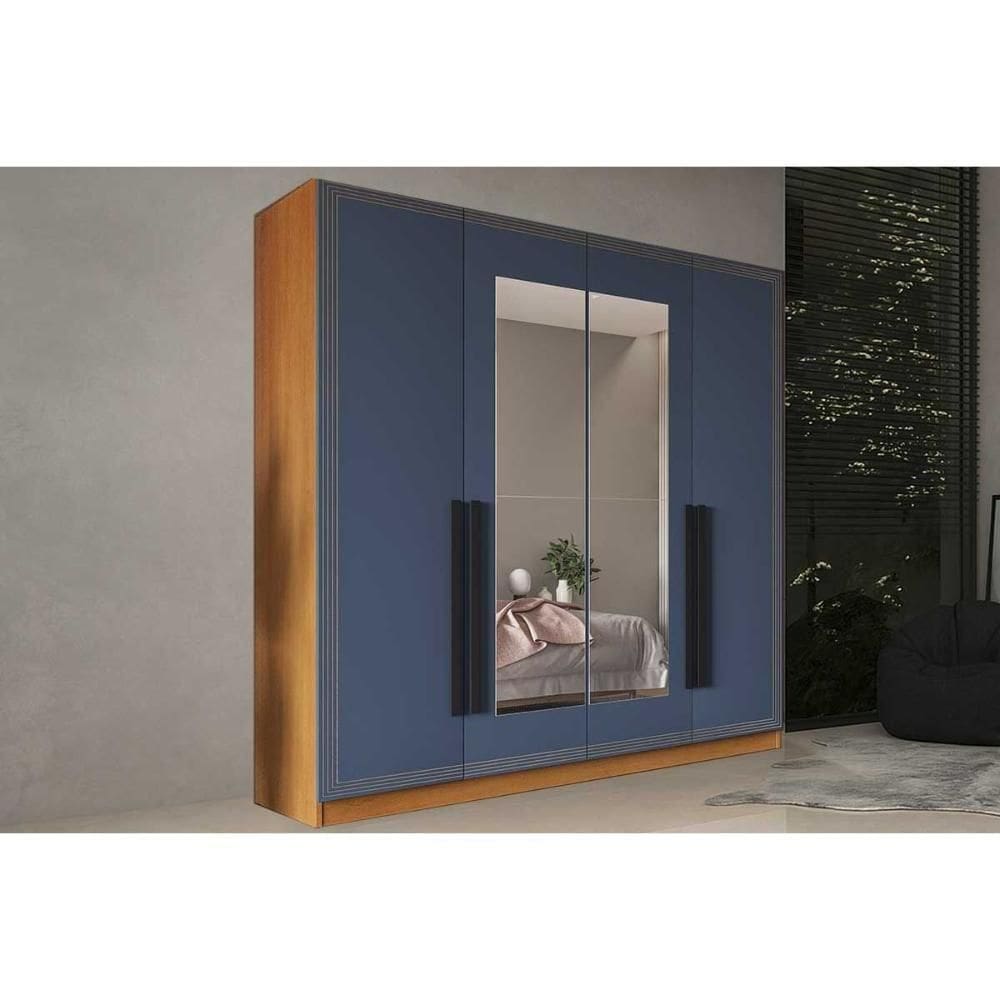 Guarda Roupa Casal 4 Portas (2 C/ Espelho) E 4 Gavetas Valência Freijo/azul - Politorno