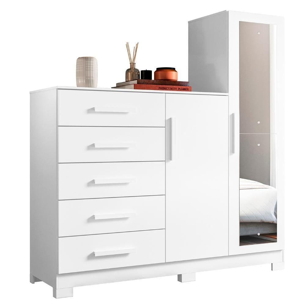 Guarda Roupa Cômoda Com Espelho 158cm Suiça A02 Branco - Mpozenato