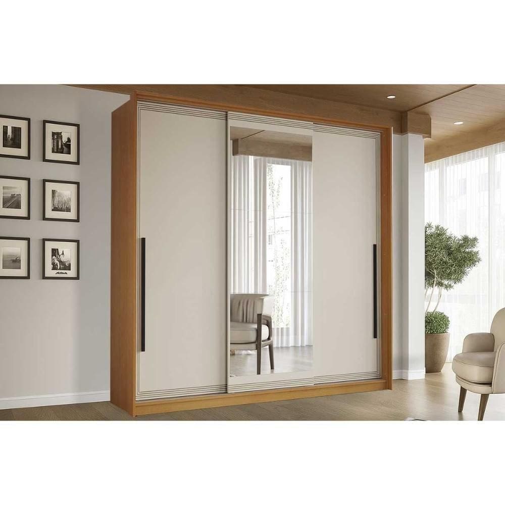 Guarda Roupa Casal 3 Portas De Correr (1 C/ Espelho) E 4 Gavetas Valência Freijo/creme - Politorno