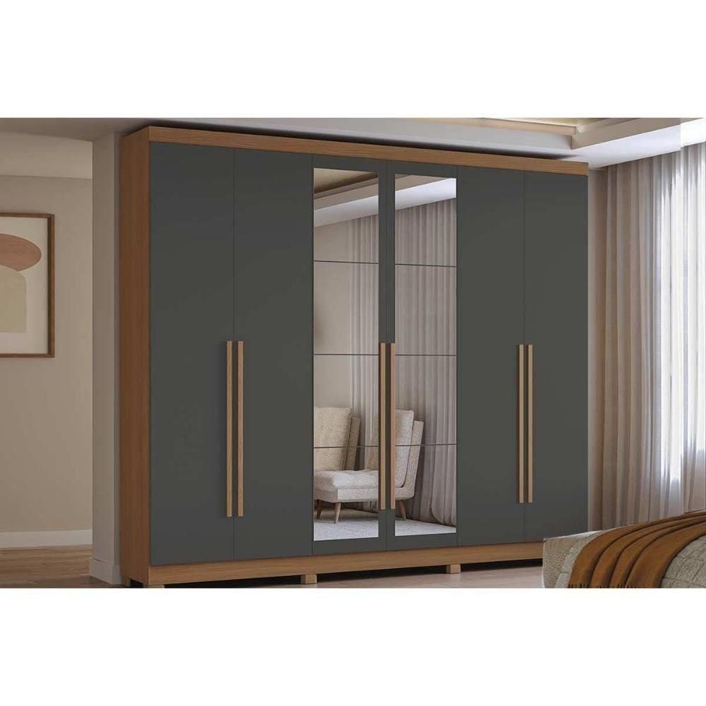 Guarda Roupa Casal 6 Portas (2 C- Espelho) E 3 Gavetas C- Pés Cb01t580 Canela-grafite - Kappesberg