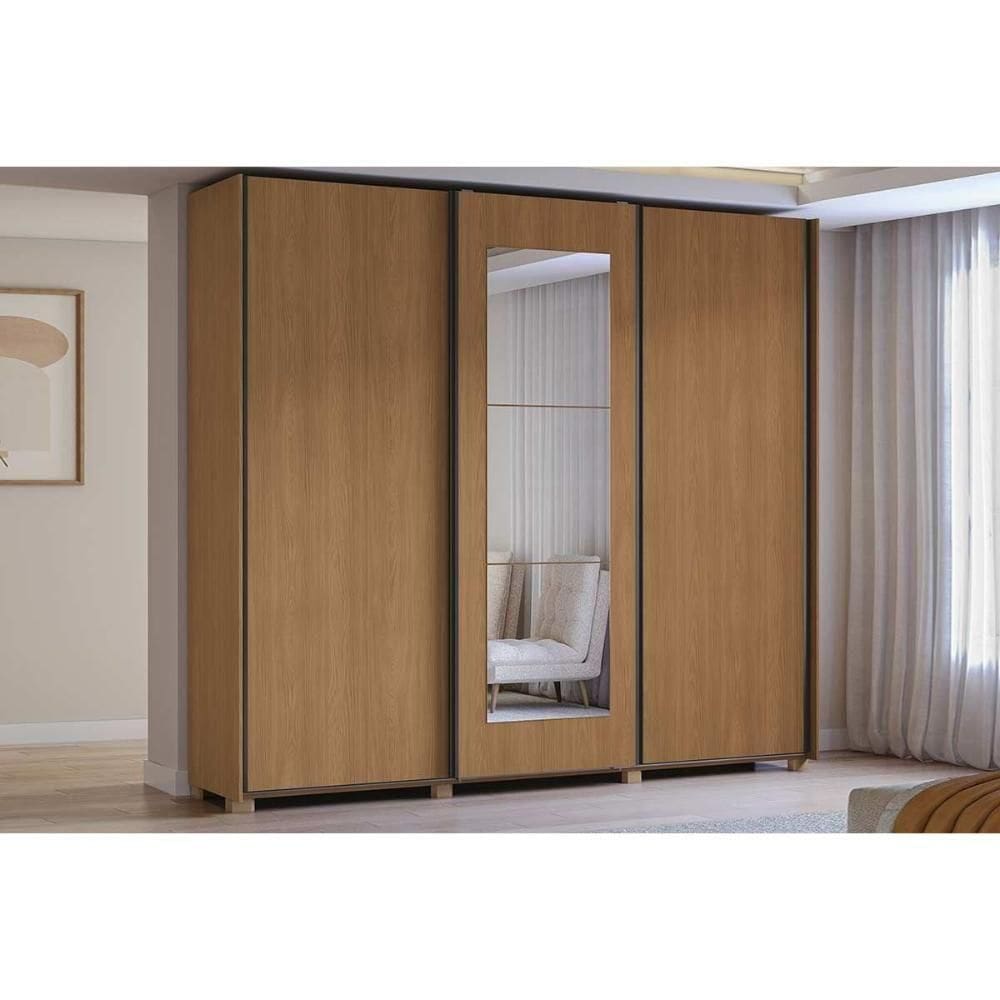 Guarda Roupa Casal 3 Portas De Correr (1 C- Espelho) E 4 Gavetas C- Pés Cb01t582 Canela - Kappesberg