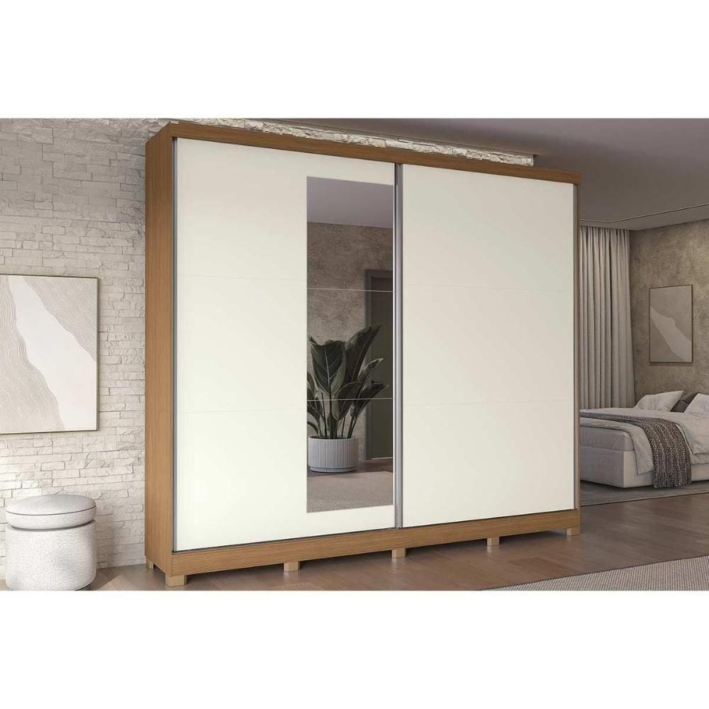 Guarda Roupa Casal 2 Portas De Correr (1 C- Espelho) E 4 Gavetas C- Pés Cb01t583 Canela-off White - Kappesberg