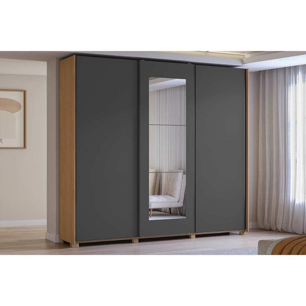 Guarda Roupa Casal 3 Portas De Correr (1 C- Espelho) E 4 Gavetas C- Pés Cb01t582 Canela-grafite - Kappesberg