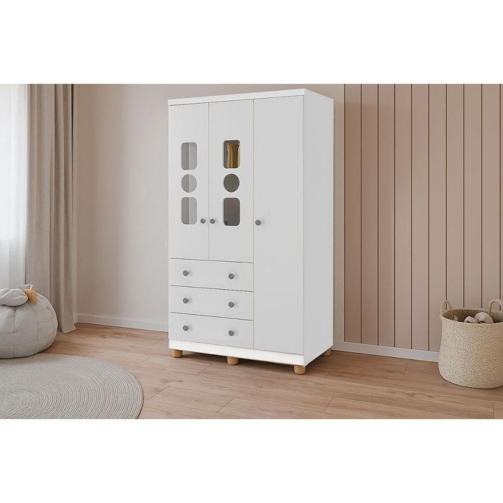 Guarda Roupa Bebê C/ 3 Portas (2 Cristal) E 3 Gavetas Tedy Branco - Peroba