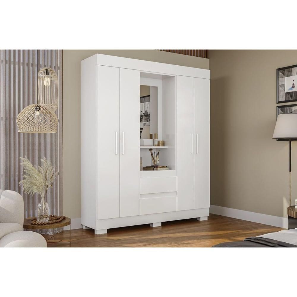 Guarda Roupa Solteiro 4 Portas E 2 Gavetas C/ 1 Espelho Isabely Branco - Acp