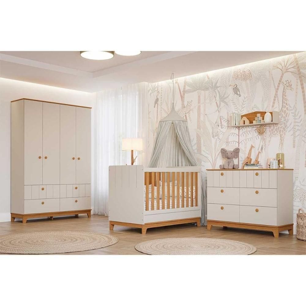 Quarto Infantil Completo Biscoito 3 Peças (guarda Roupa+berço+cômoda) Qi106 Off White/nature - Permóbili Baby