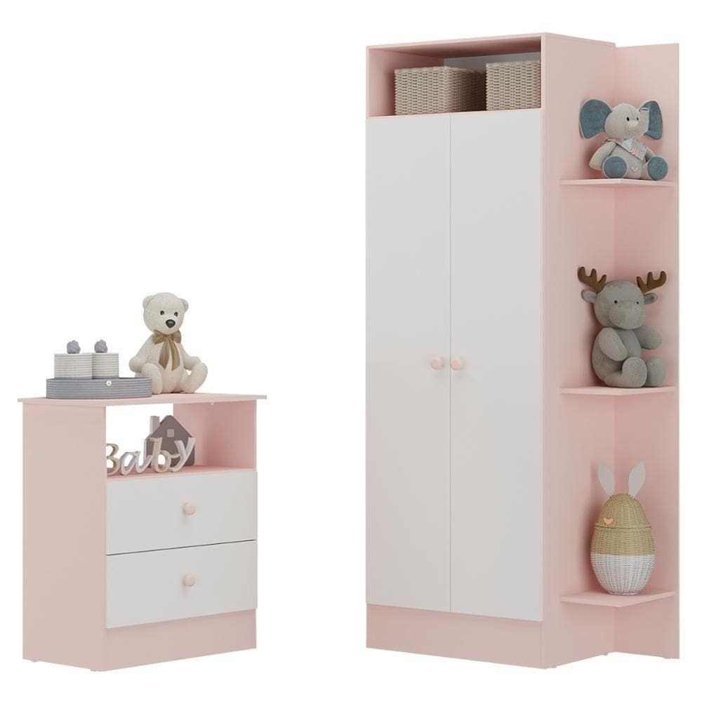 Guarda-roupas 2 Portas Com Cômoda 2 Gavetas Multimóveis Mp4264 - Rosa-branco Rosa-branco