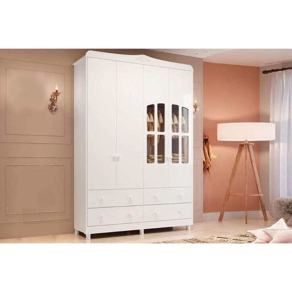 Guarda Roupa Bebê C/ 4 Portas (2 Cristal) E 4 Gavetas êlo Branco - Peroba