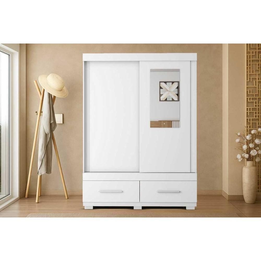 Guarda Roupa Solteiro 2 Portas De Correr (1 C/ Espelho) E 2 Gavetas Sereno Branco - Caemmun