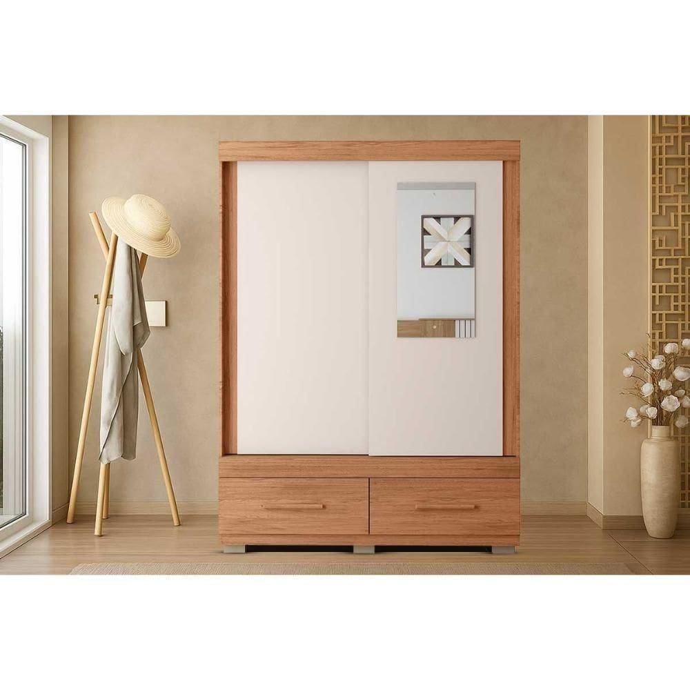 Guarda Roupa Solteiro 2 Portas De Correr (1 C/ Espelho) E 2 Gavetas Sereno Freijo/off White - Caemmun