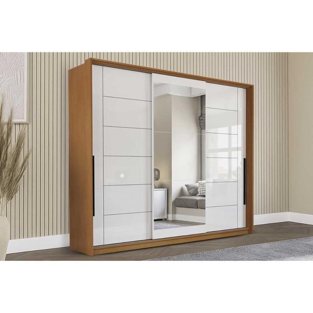 Guarda Roupa Casal 3 Portas De Correr (1 C/ Espelho) E 4 Gavetas Lisboa Freijo/branco - Politorno