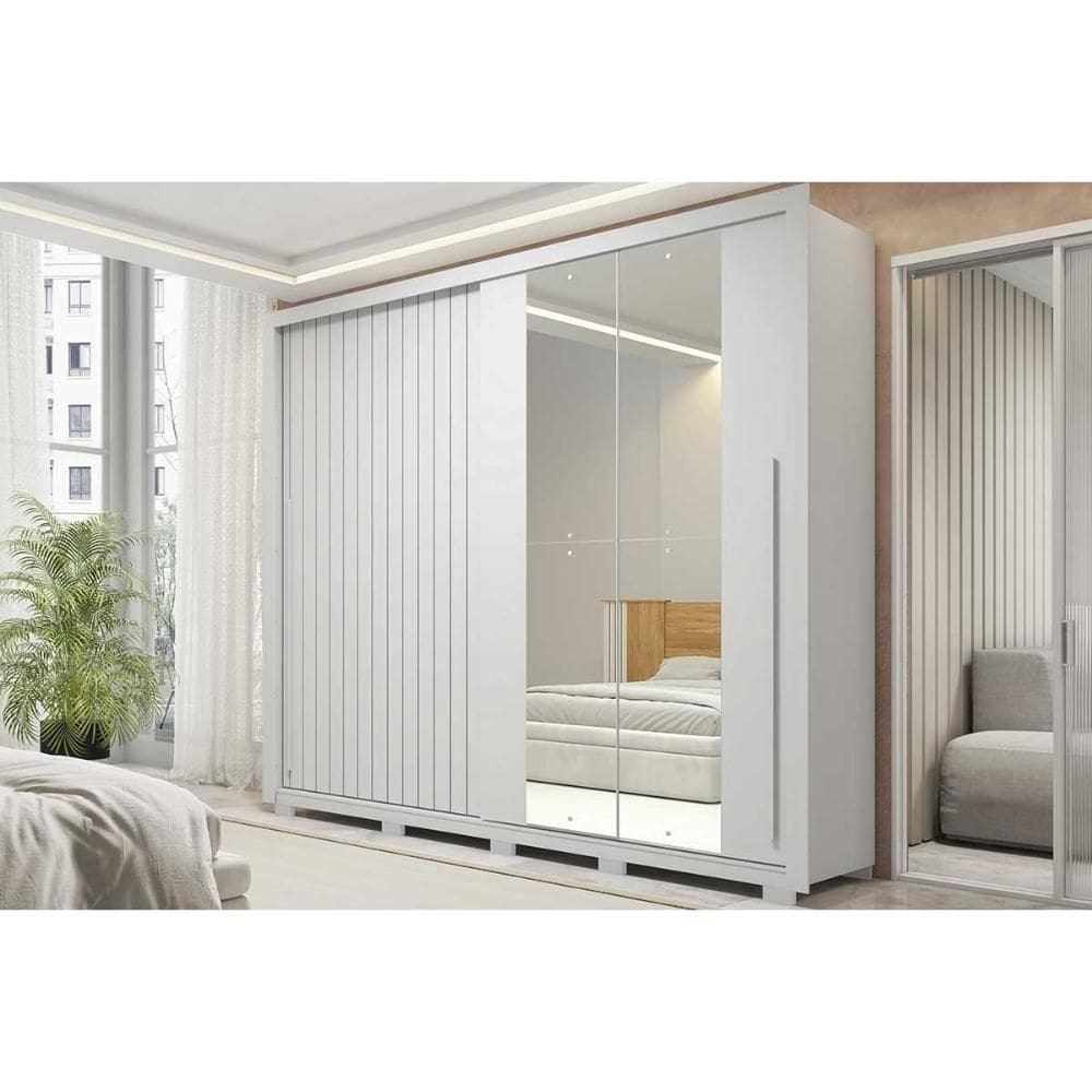 Guarda Roupa Casal 2 Portas De Correr (1 Ripada E 1 C/ Espelho) E 4 Gavetas Romanus Double Lux Branco - Caemmun