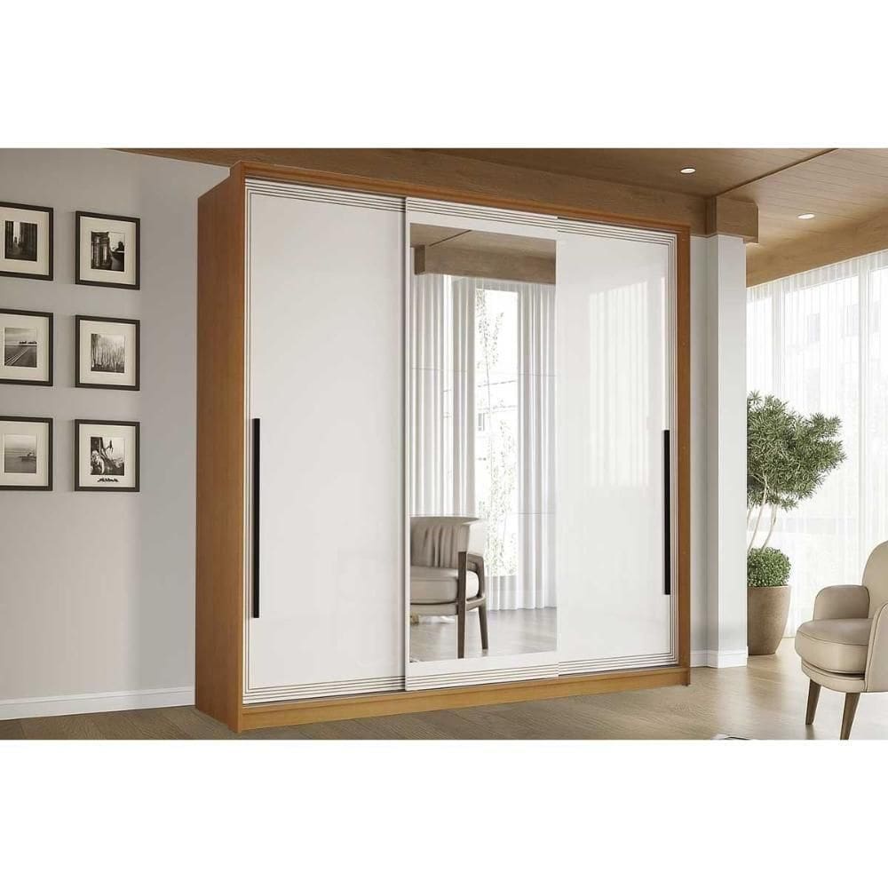 Guarda Roupa Casal 3 Portas De Correr (1 C/ Espelho) E 4 Gavetas Valência Freijo/branco - Politorno