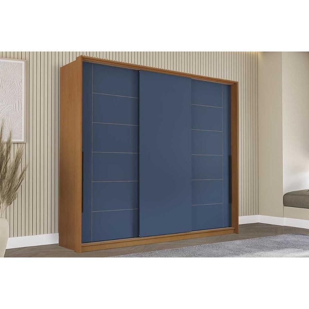 Guarda Roupa 3 Portas De Correr E 4 Gavetas Lisboa Freijo/azul - Politorno