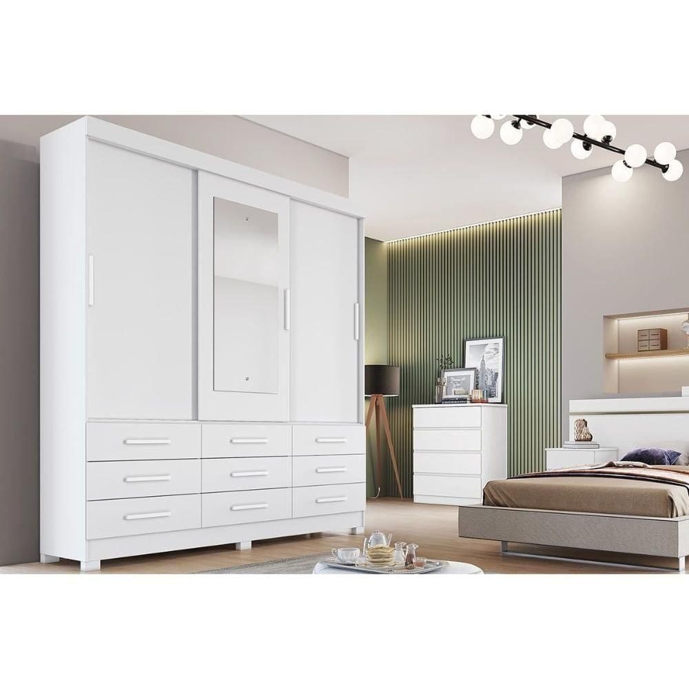 Guarda Roupa 3 Portas (1 C/ Espelho) E 9 Gavetas Buriti/jequitibá Neve - Novo Horizonte