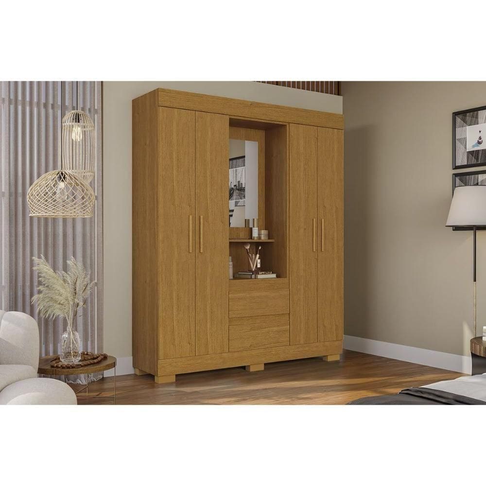 Guarda Roupa Solteiro 4 Portas E 2 Gavetas C/ 1 Espelho Isabely Cinamomo - Acp