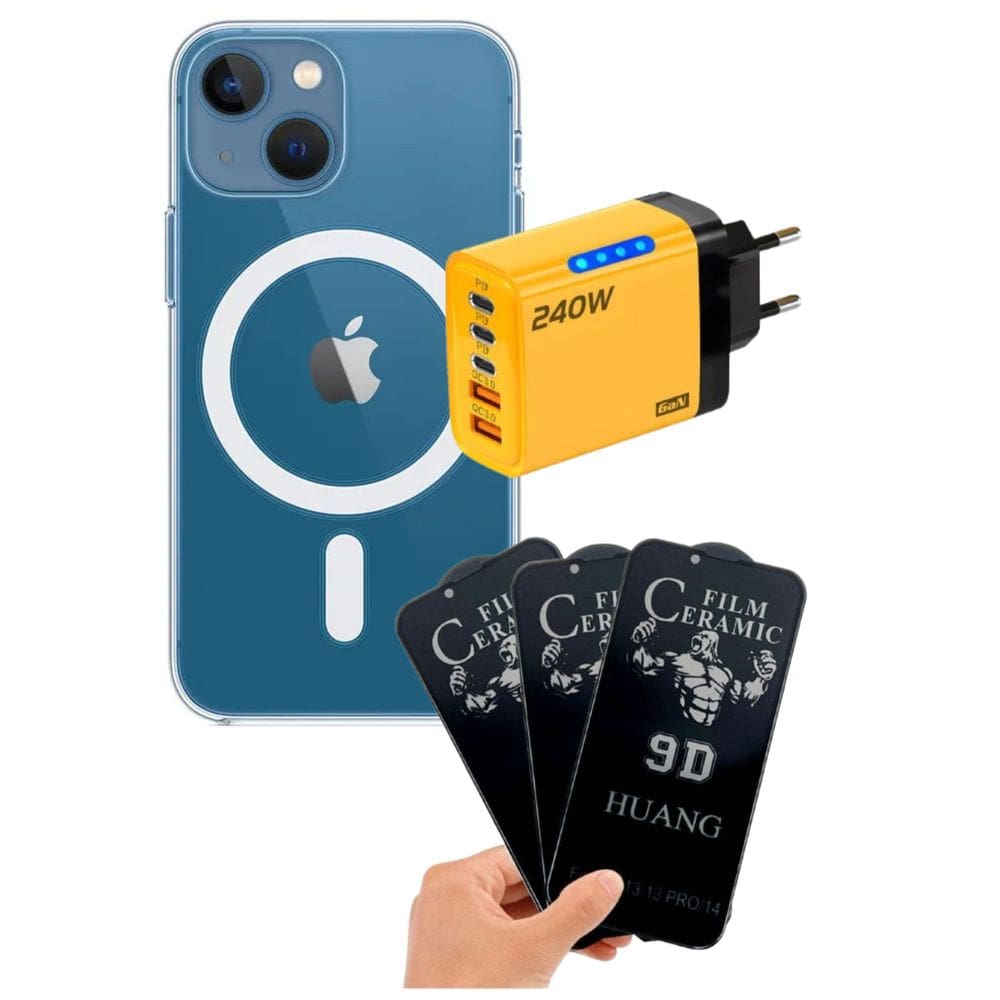 CAPA TRANSPARENTE lPHONE 13 + PELÍCULA DE PRIVACIDADE + CARREGADOR 240W