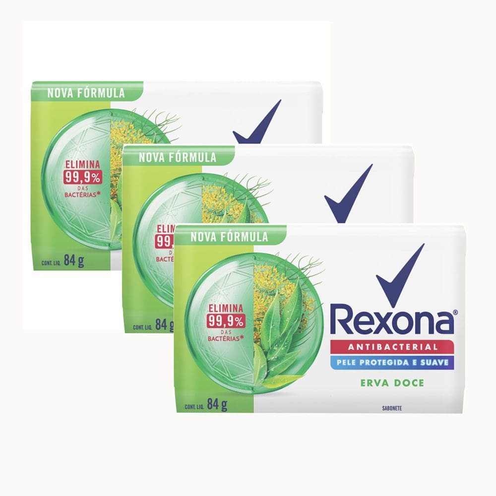 Kit 3 Sabonete em Barra Rexona Antibacterial Erva-Doce 84g