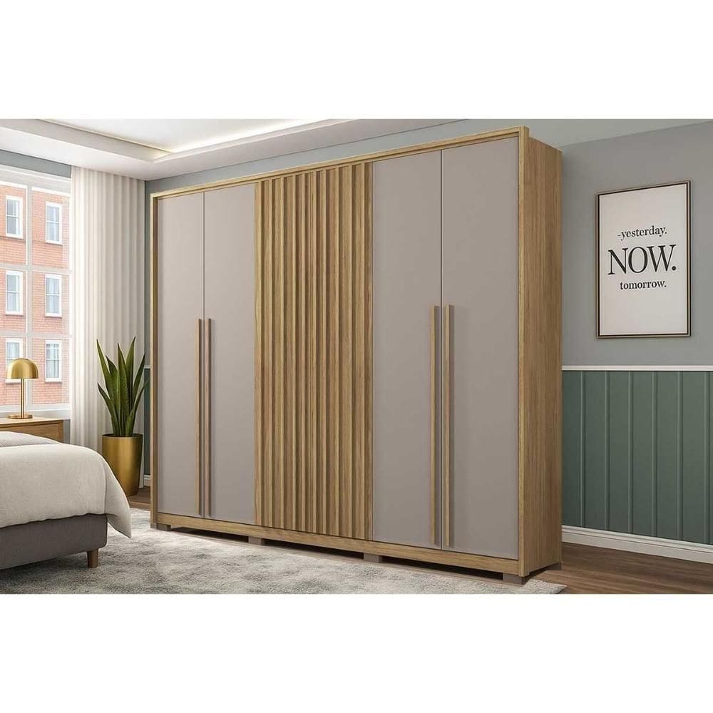 Guarda Roupa Casal 6 Portas (2 Ripadas) E 4 Gavetas New Comodus Buriti/fendi - Caemmun