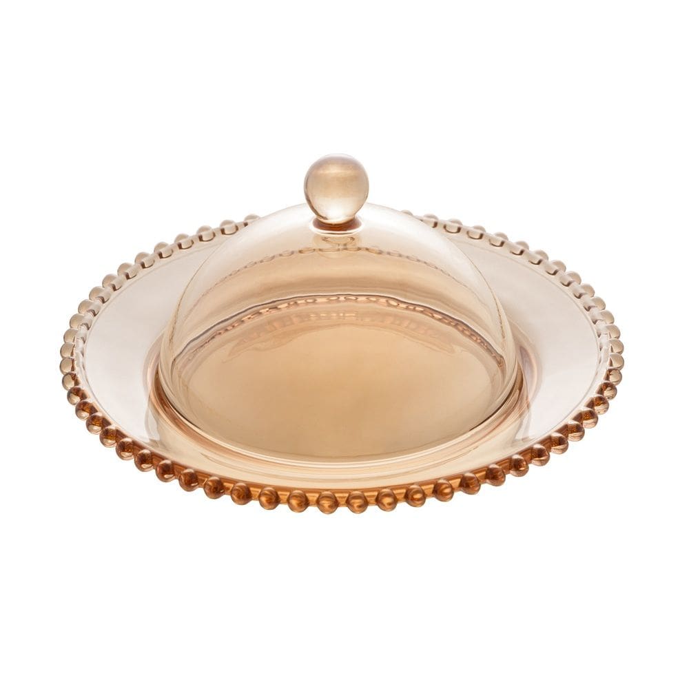 Queijeira de Cristal C/Tampa Pearl Bolinha Âmbar 20x9cm Wolff