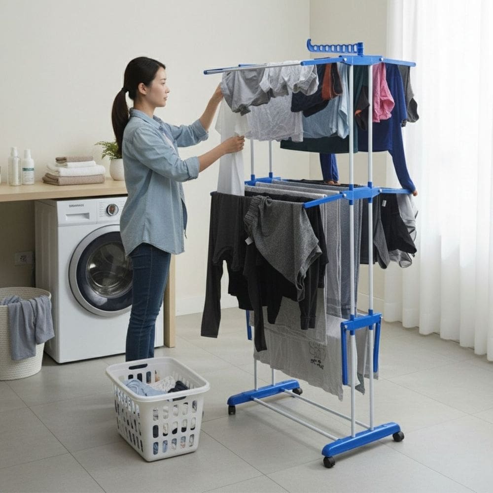 Varal de Chão Dobrável Inox Vertical Grande 3 Andares com Rodas – Secador de Roupas Prático e Resistente