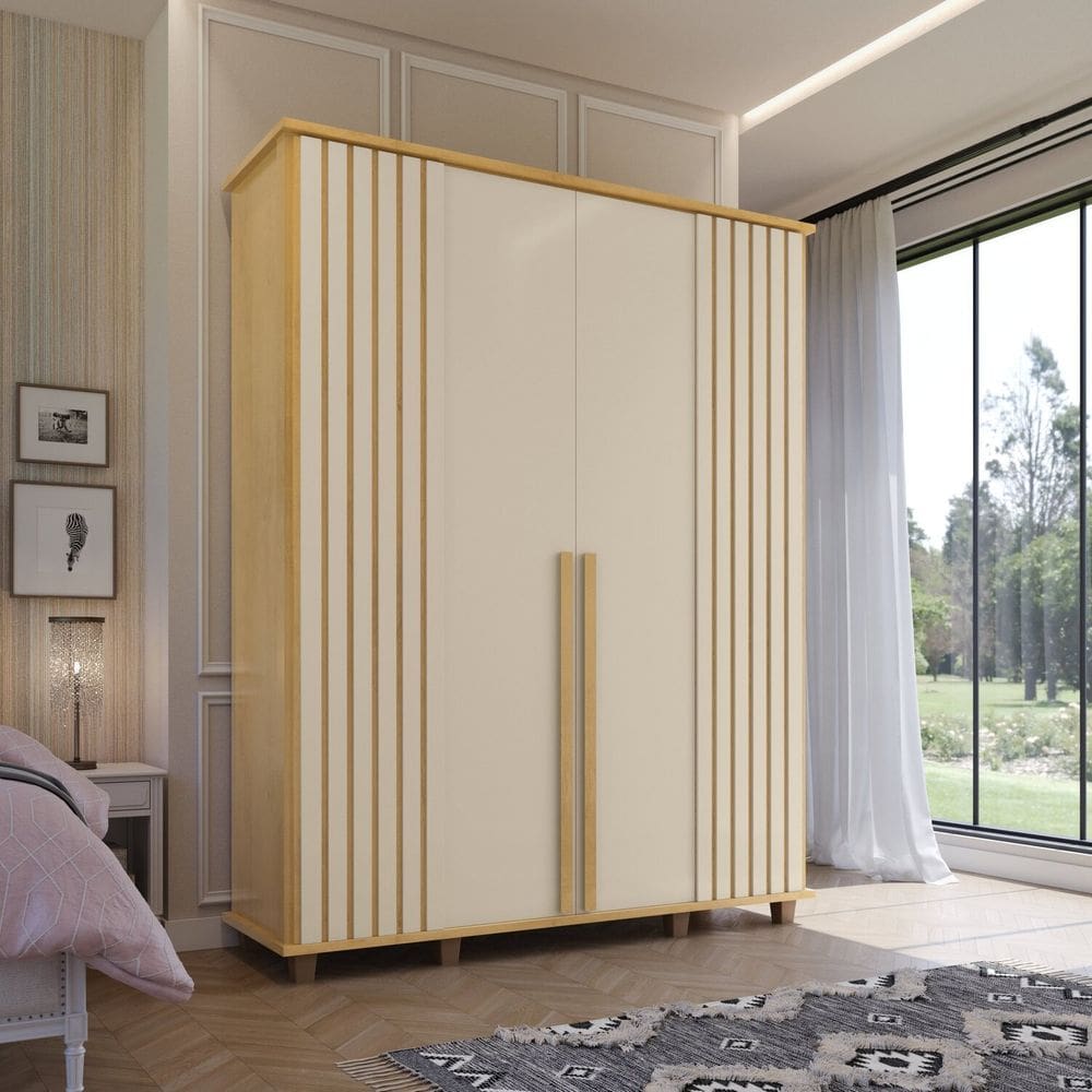 Guarda-roupa Casal 4 Portas com Detalhe Ripado e 3 Gavetas Internas com 8 Pés Holanda Cinamomo / Off White