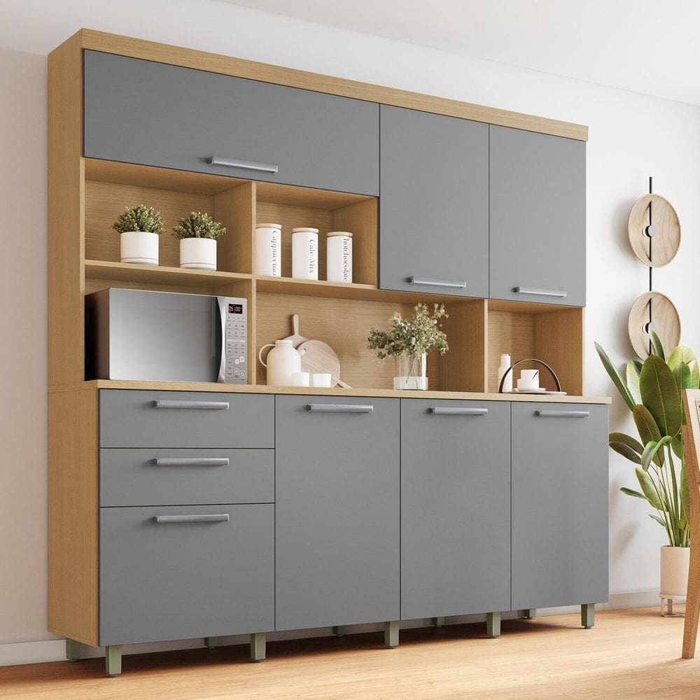 Armário de Cozinha 7 Portas 2 Gavetas 210cm 100% Mdf Nobreza Carvalho/Titânio