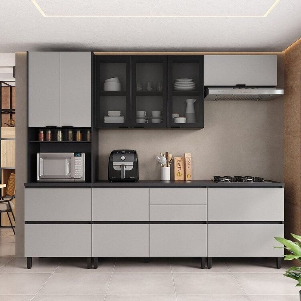 Cozinha Modulada 5 Peças 9 Portas 6 Gavetas Mdf Dodradiça Slow Motion Lúmina Itatiaia Grafite/cinza Grafite/Cinza