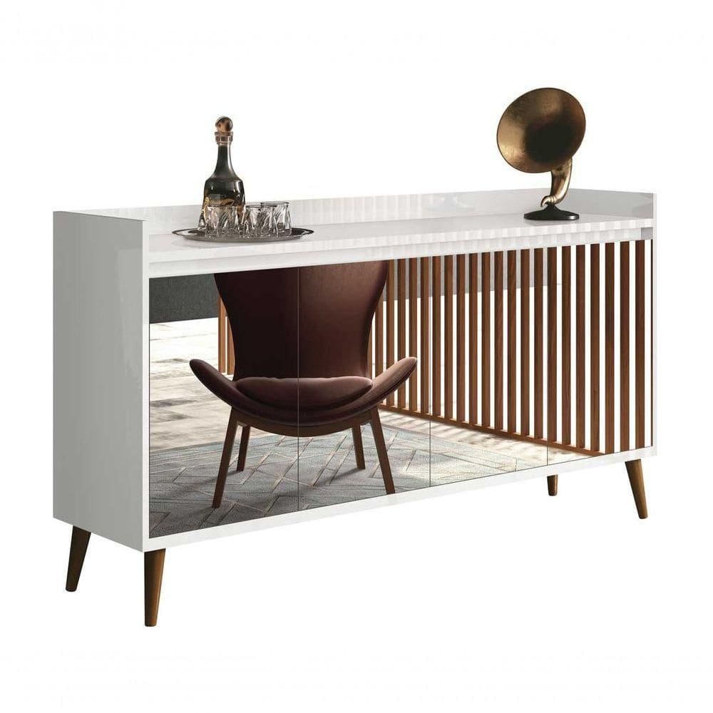 Balcao Buffet Retrô Com Espelho Delta 4 Portas Branco Gloss - Moveisaqui