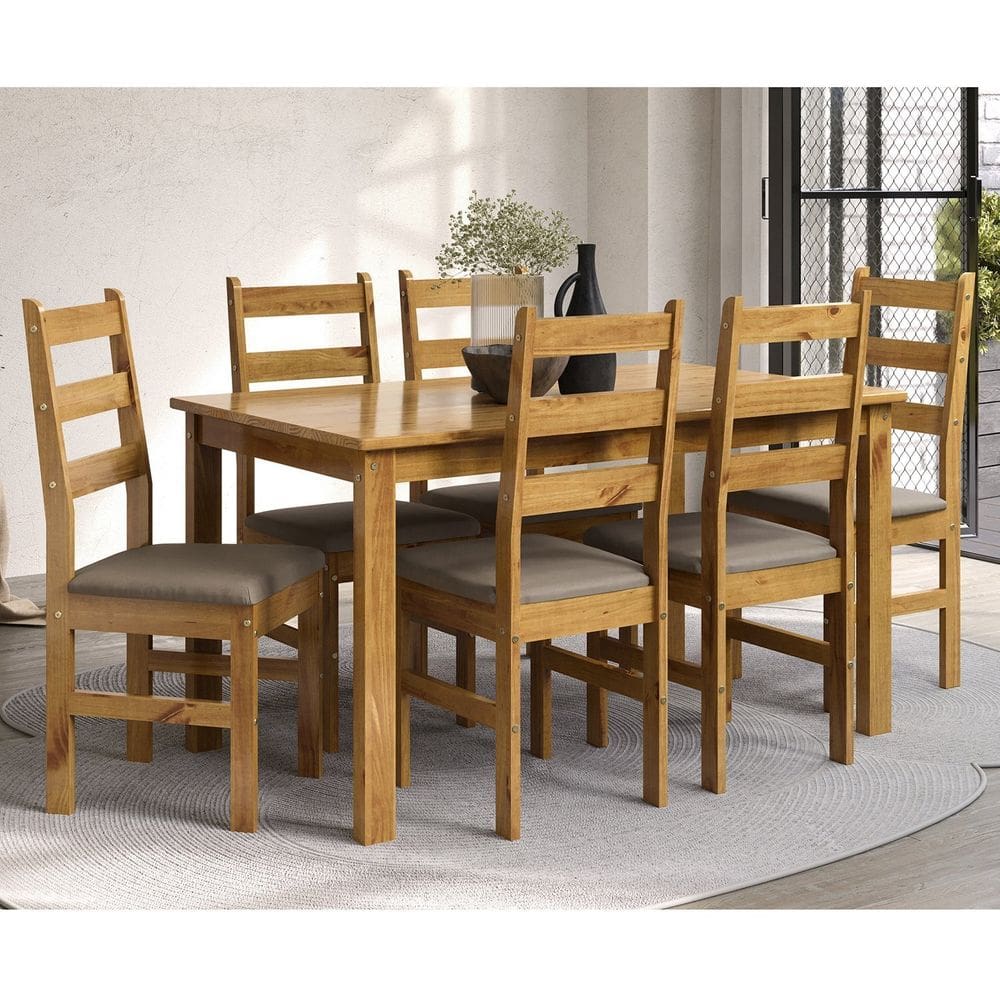 Conjunto Sala de Jantar Mesa 140cm e 6 Cadeiras Estofadas 100% Madeira Maciça Serena Espresso Móveis Nogueira/Mascavo