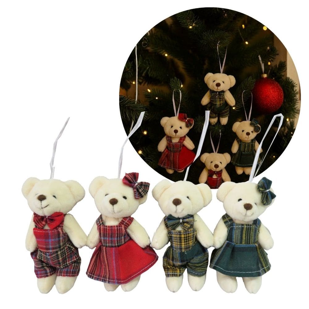Conjunto 4 Ursinhos Natal Pendente 15cm Pelúcia Creme Prime Roupa Xadrez