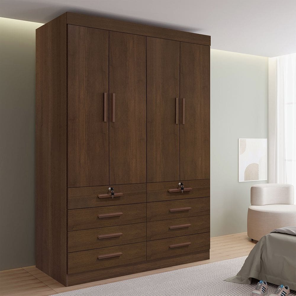 Guarda-roupa Solteiro Mdf 4 Portas 8 Gavetas Marselha Plus Castanho