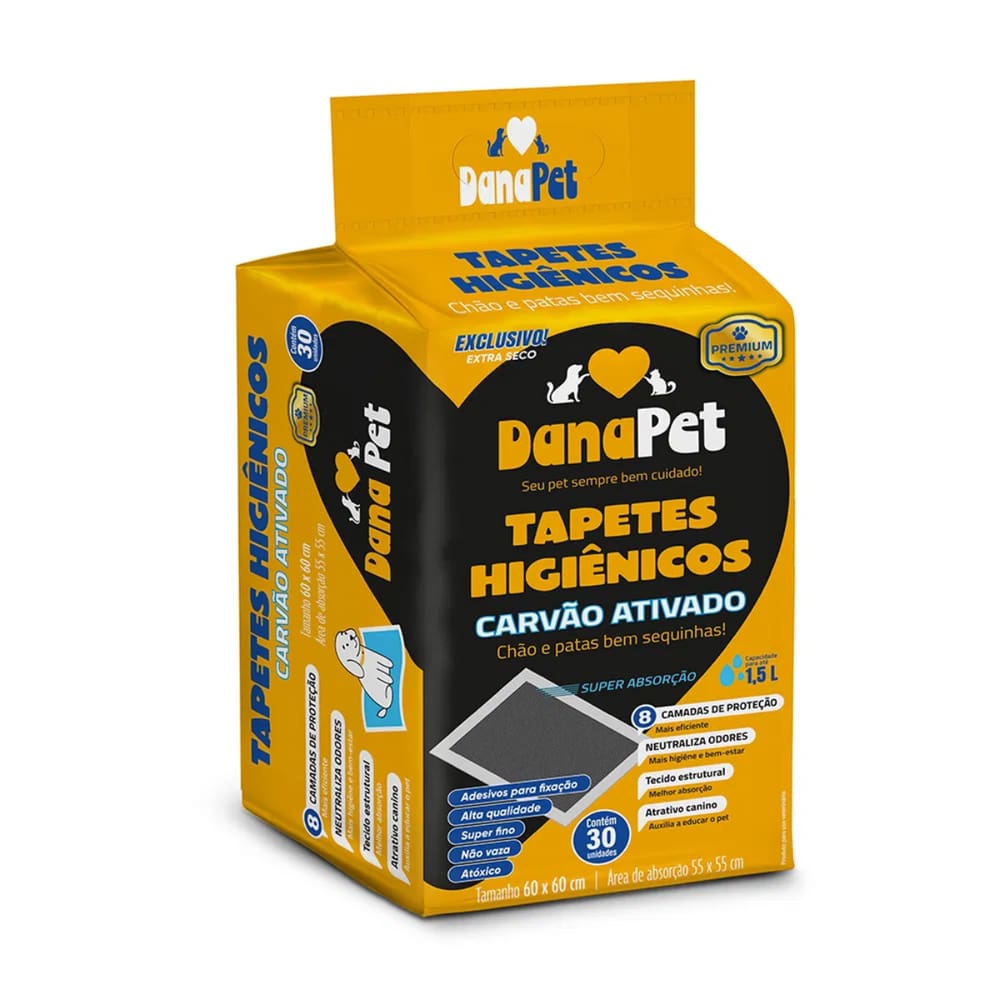 Tapete Higiênico Dana Pet Premium Carvão Ativado 60 X 60 Cm Com 30 Un